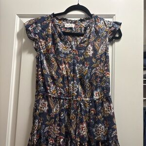 Anthropologie Velvet Brand Navy Floral Tiered Mini Dress With Floral Accents
